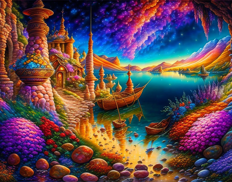 Colorful fantasy landscape with starry sky, tranquil lake, and whimsical stone cottage