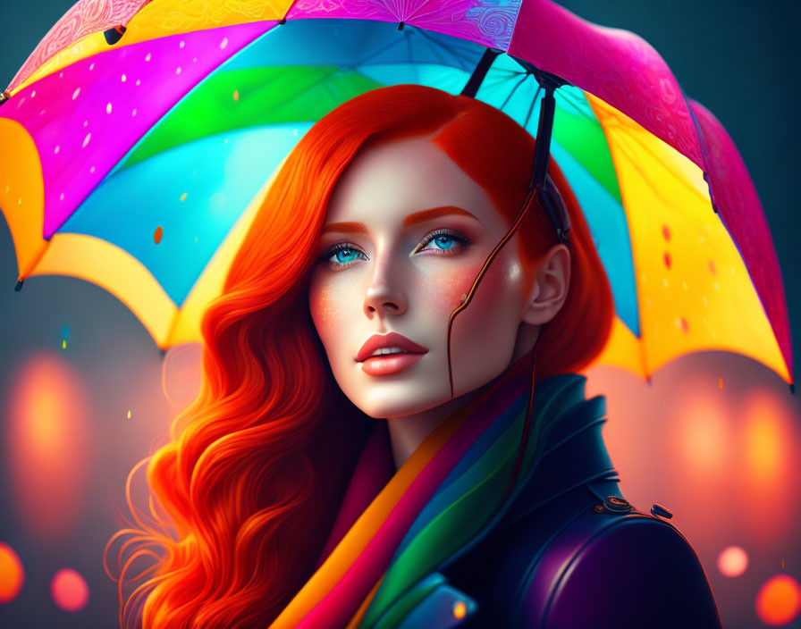 Vibrant red hair woman with blue eyes holding umbrella in moody digital portrait