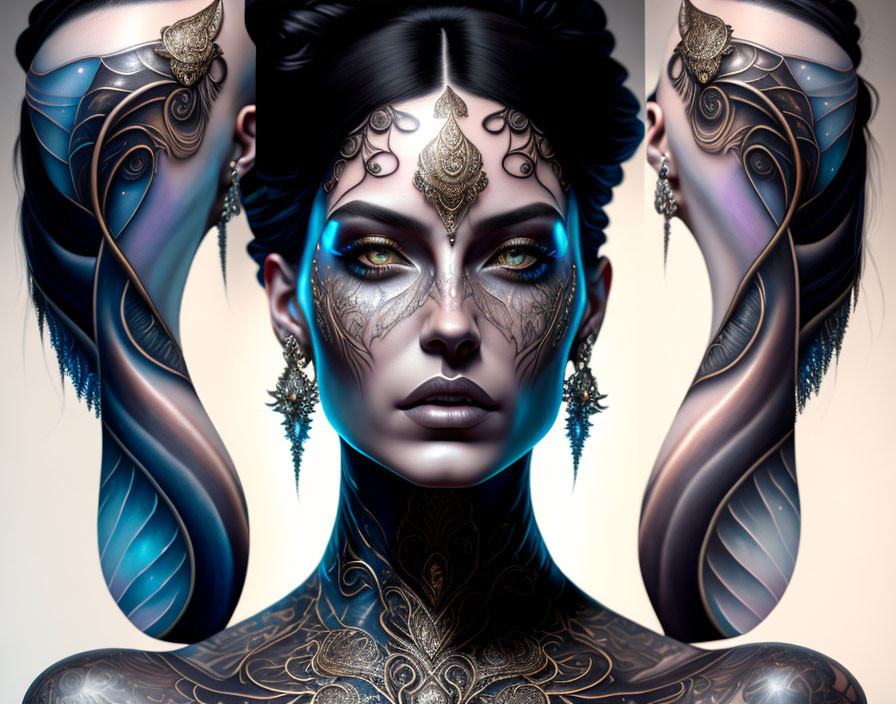 Woman with dark makeup, gold and blue body art, ornate shoulder armor & green eyes.