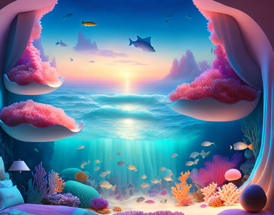 Vibrant underwater room with ocean vista, colorful fish, coral, and sunset