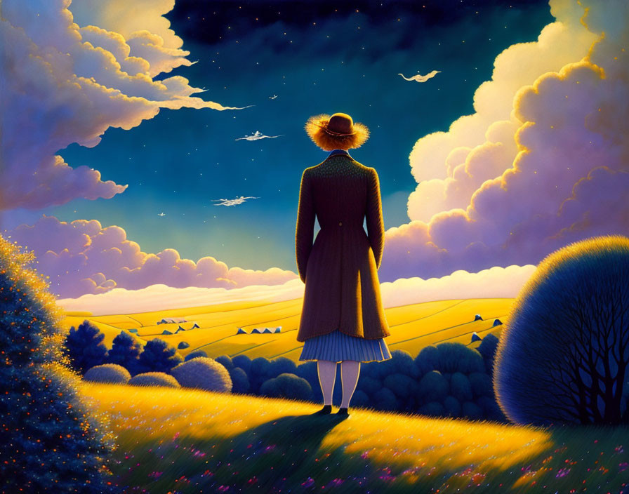 Woman in coat and hat admiring twilight field with starry sky and birds.