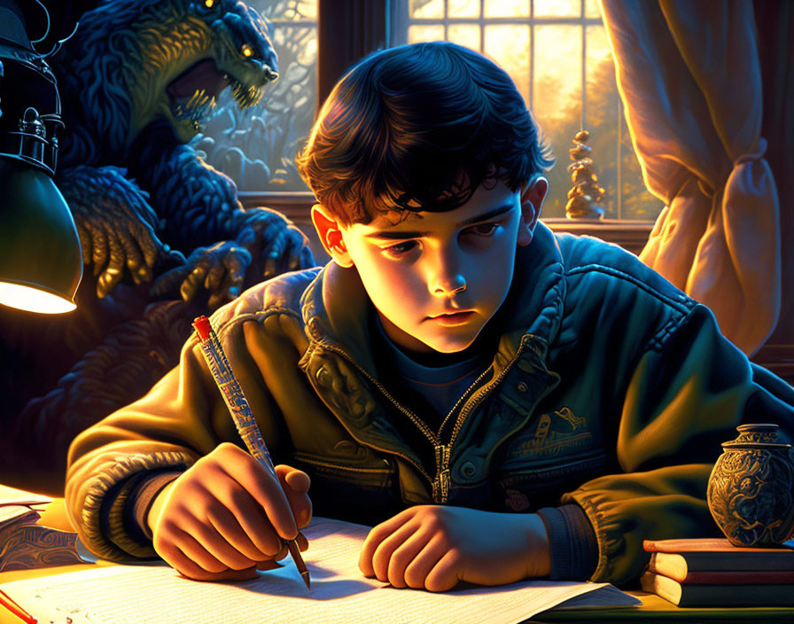 Boy writing at night with fantastical creature in well-lit room