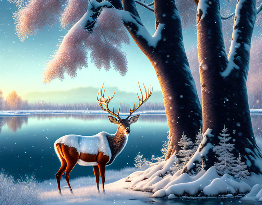 Majestic stag by serene lake in snowy twilight