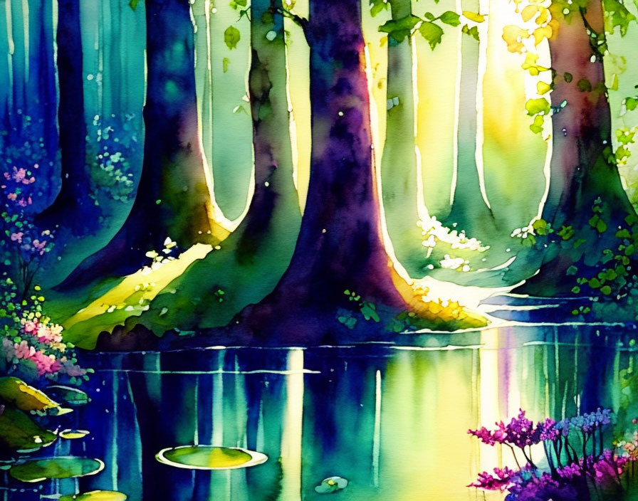 Serene forest and lake watercolor painting with sunlight and flowers