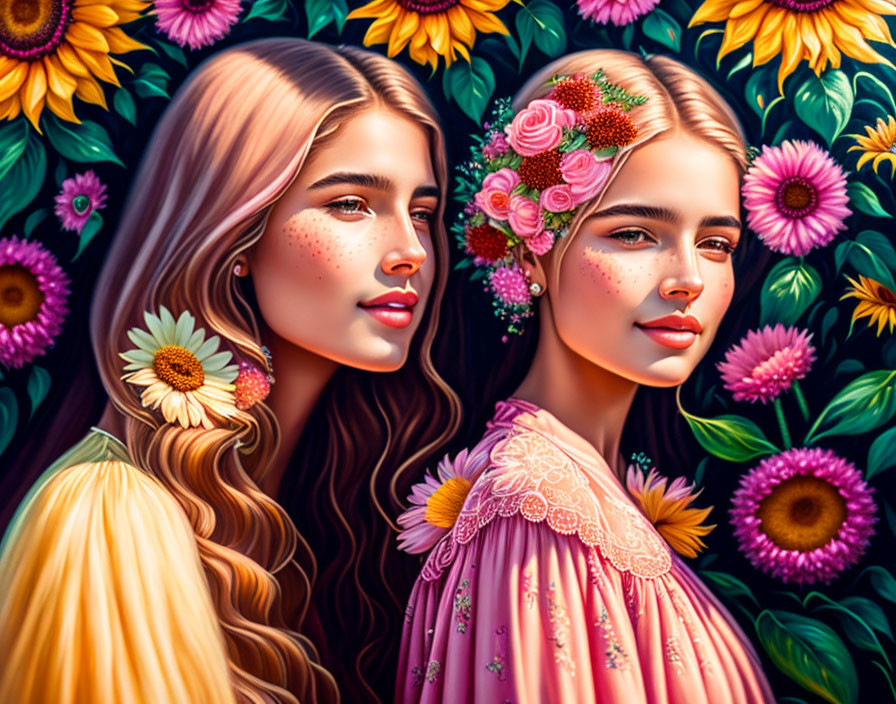 Stylized women with floral hair adornments on vibrant sunflower backdrop