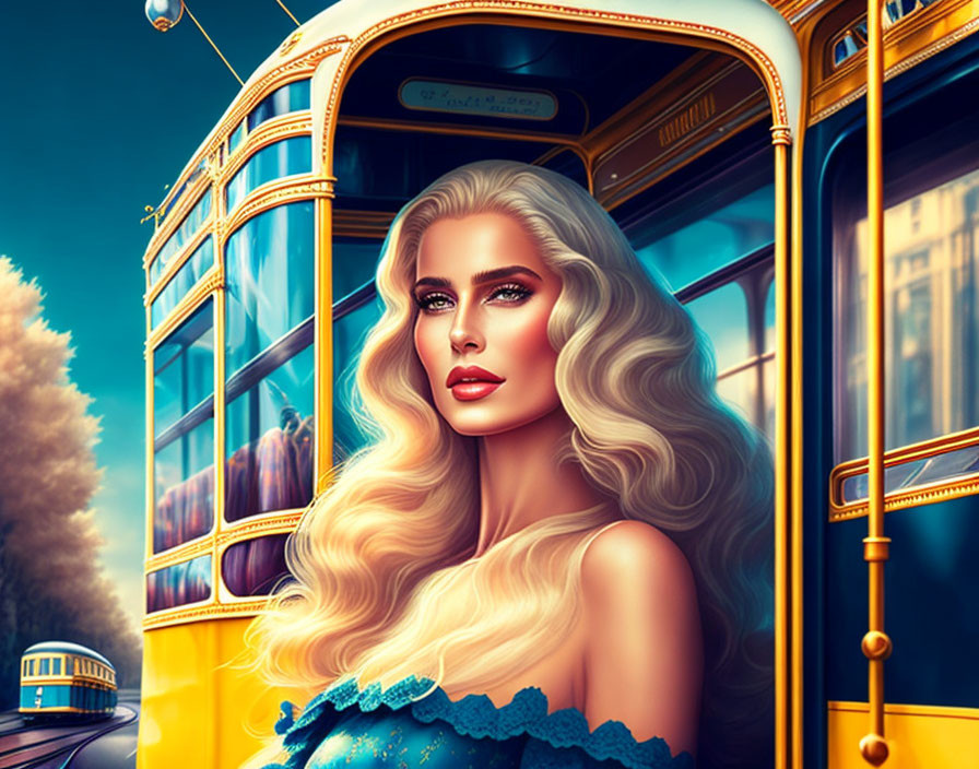 Glamorous woman with blonde hair in blue dress by vintage tram on vibrant street