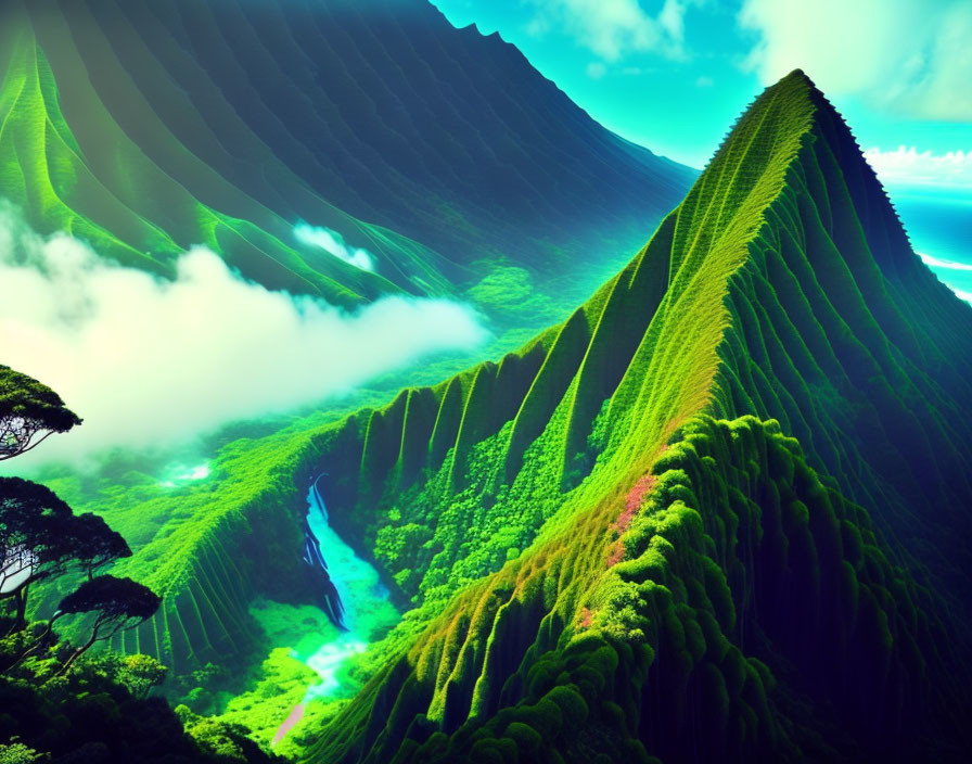 Green mountains with sharp ridges, clouds, and waterfall in lush scenery