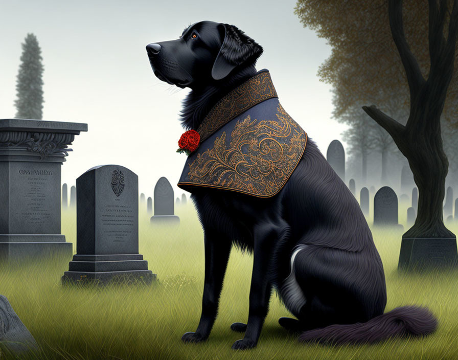 Black dog with red flower in foggy cemetery with gravestones