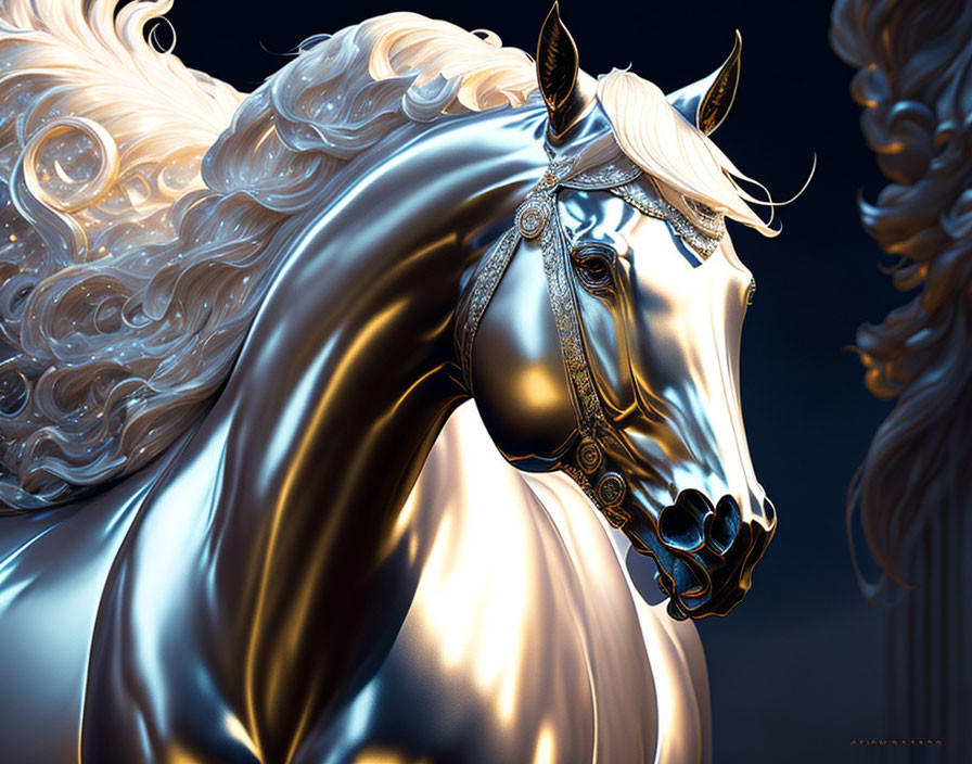 Majestic white horse digital art with ornate mane and golden bridle