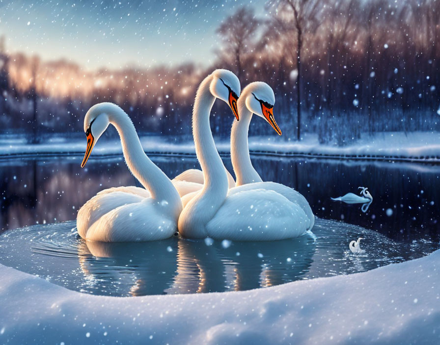 Winter scene: Three swans on serene snowy lake at twilight