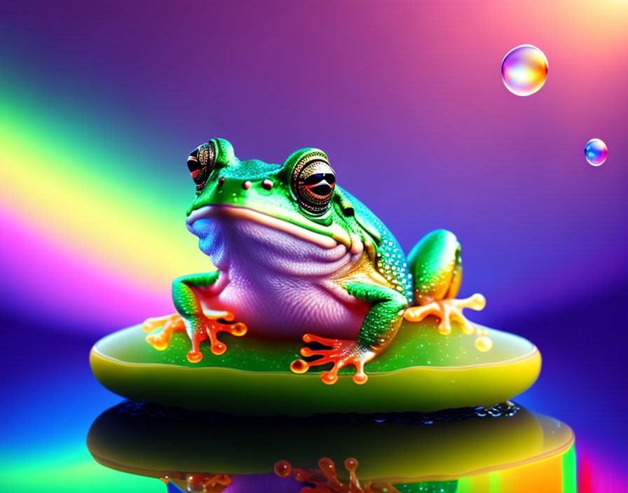 Colorful Frog on Glossy Surface with Bubbles and Rainbow Background