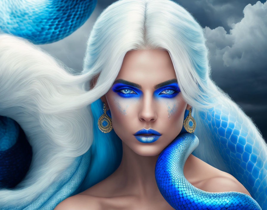 Fantasy portrait of woman with blue eyes, white hair, scales, and serpent in cloudy sky