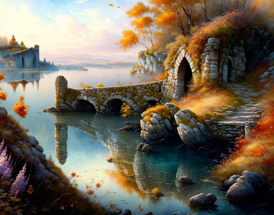 Tranquil autumn landscape with stone bridge, lake, trees, and ancient tower