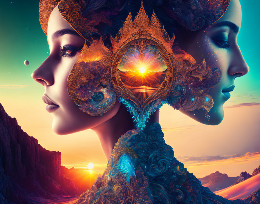 Symmetrical faces with golden headpieces in cosmic sunset landscape