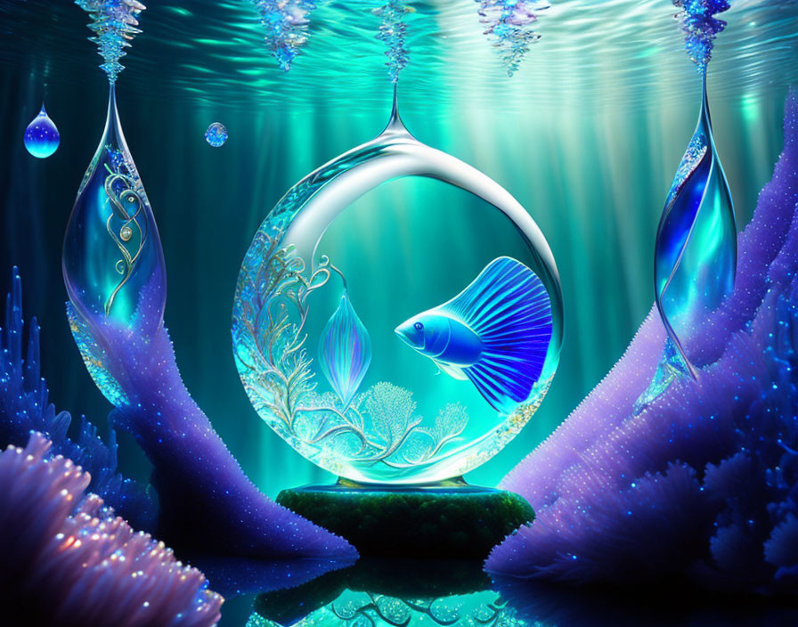 Colorful digital artwork: Underwater scene with blue betta fish in droplet, teal coral,