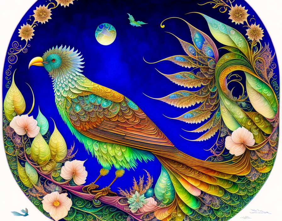 Colorful Peacock Illustration with Floral Motifs on Celestial Background