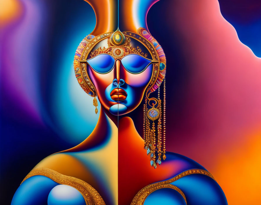 Symmetrical digital artwork of a serene face with ornate headdress and golden jewelry