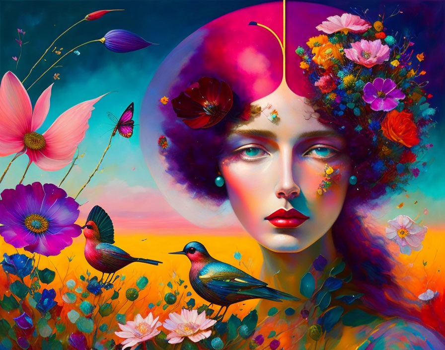 Colorful digital artwork: Woman's face with floral and bird motifs