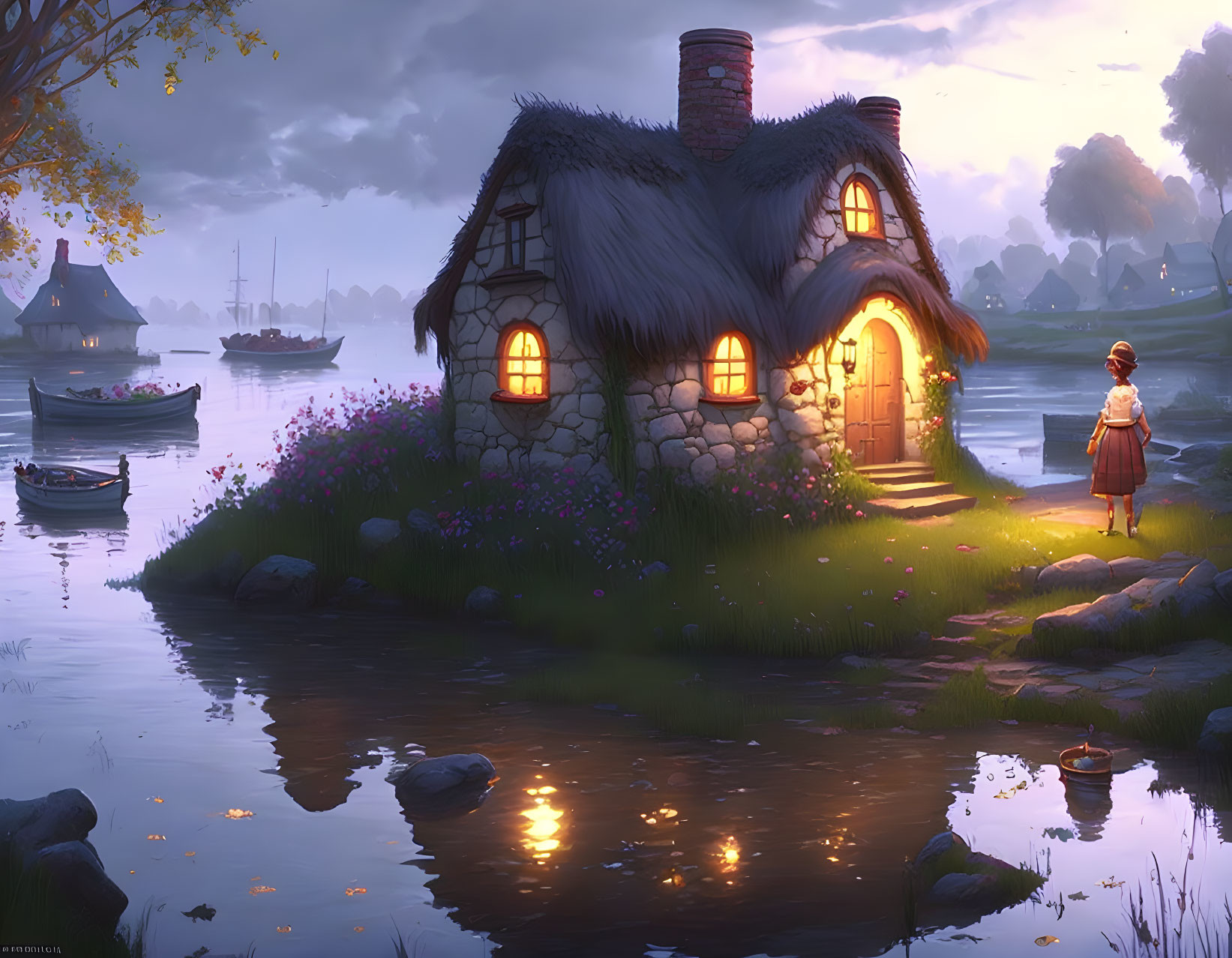 Tranquil twilight scene: thatch-roofed cottage by calm river with person and lush surroundings