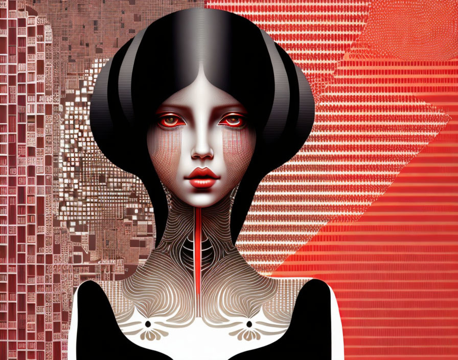 Stylized Woman with Black and White Hair on Red and Beige Background