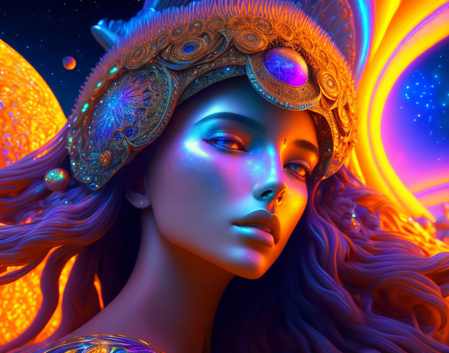 Colorful digital portrait of a woman with intricate headgear against cosmic background