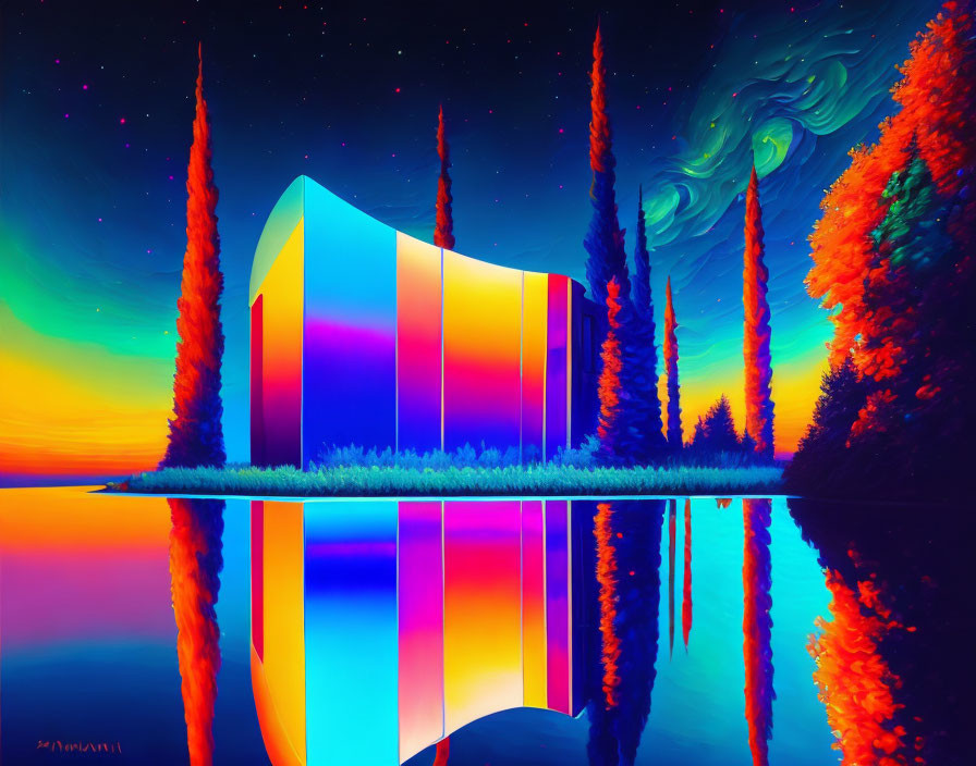 Colorful Monolith in Surreal Landscape with Neon Trees and Starry Sky