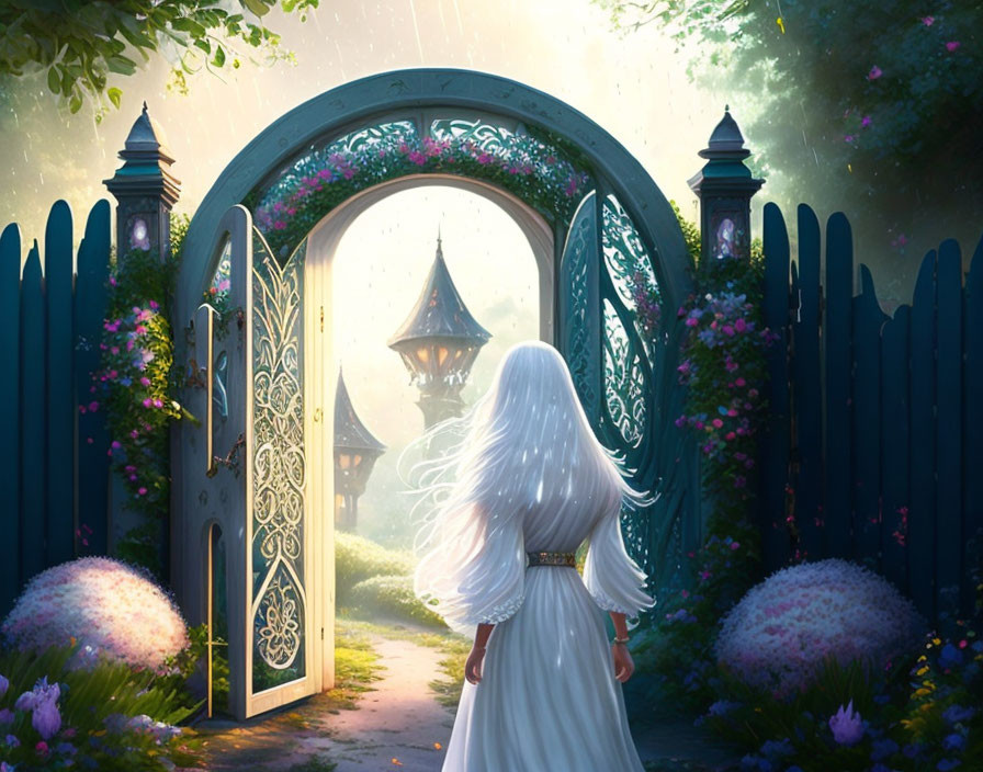 Person with Long White Hair at Open Gate to Fantasy Garden with Vibrant Greenery, Towers, and