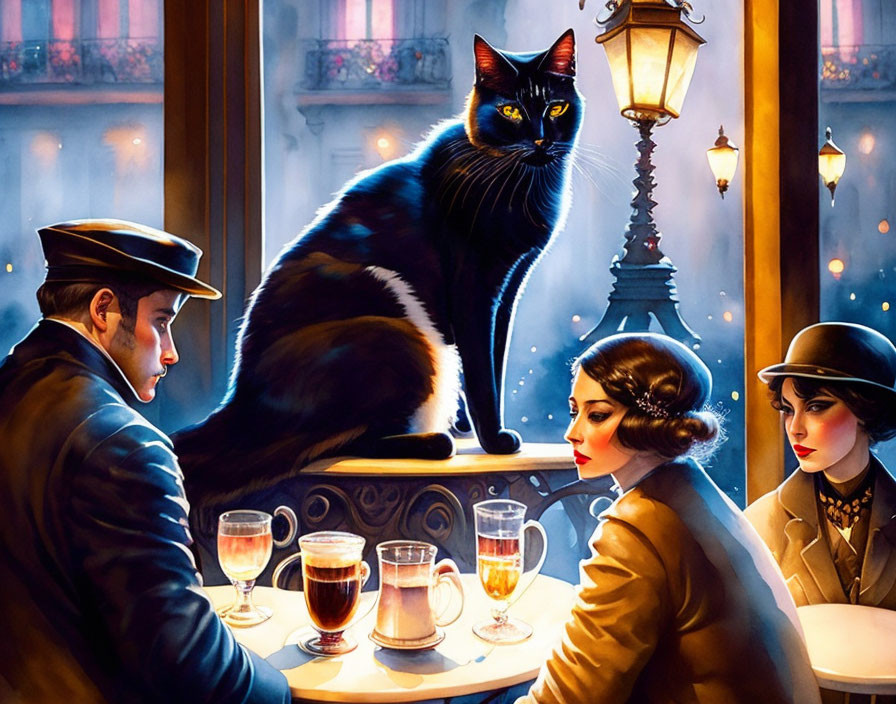 Black cat observing couple and man in hat by window in cozy evening scene