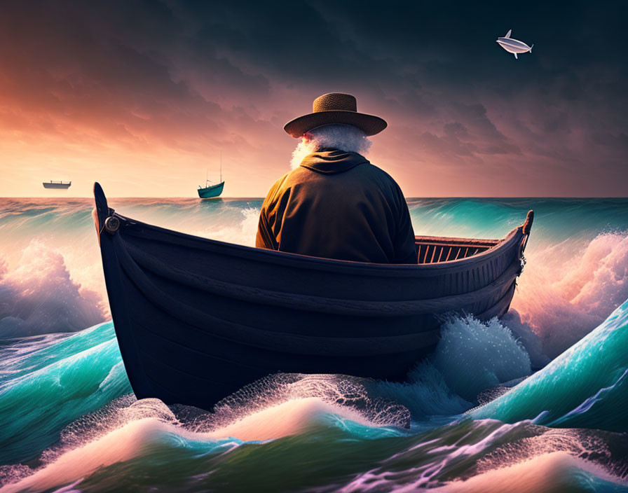 Person in hat on boat surrounded by surreal waves and ships at dusk