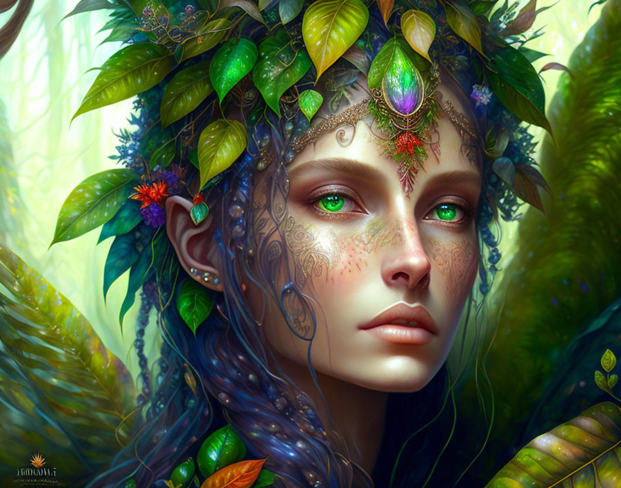 Fantasy portrait of a woman with green eyes and nature-inspired adornments