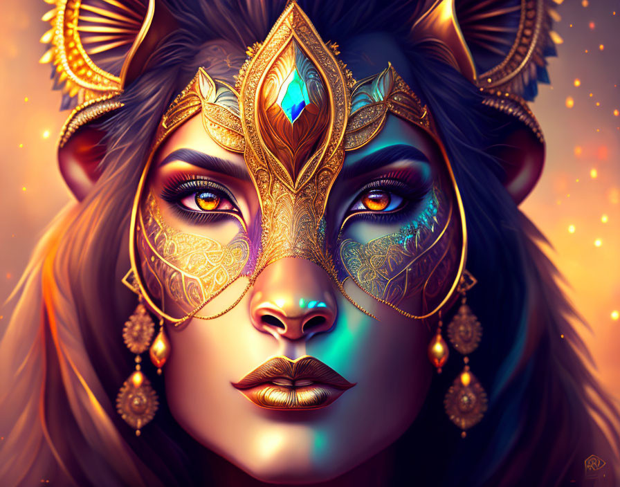 Digital art portrait: Woman with cat-like features in a golden jeweled mask