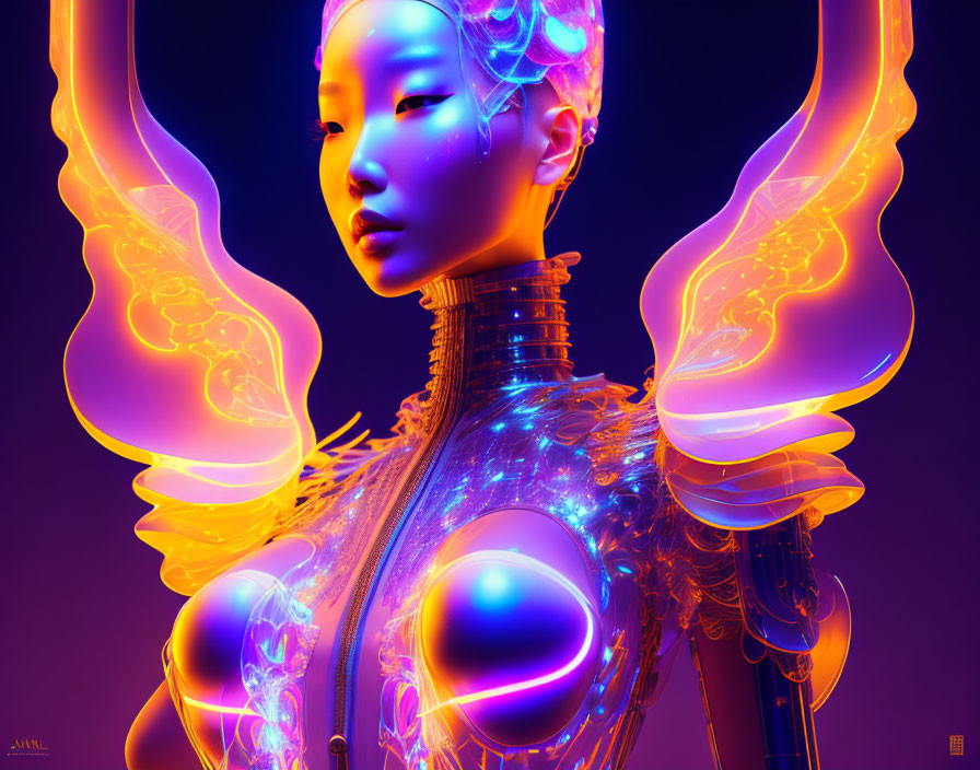 Futuristic neon-lit female figure with glowing tendrils on purple background