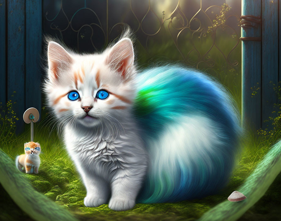 Fluffy white kitten with blue eyes in fantastical garden setting