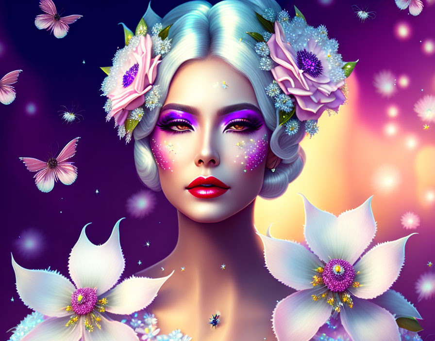 Fantasy Art: Woman with Violet Eyes and Glowing Butterflies