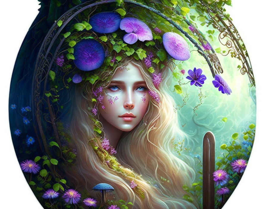 Blonde woman with purple flowers and greenery - Mystical portrayal