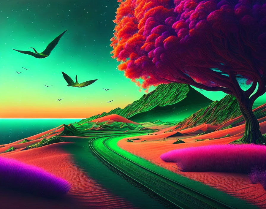 Colorful surreal landscape with magenta tree, teal skies, green auroras, birds, and ocean