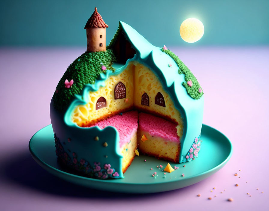 Colorful house-shaped cake with pink layers on plate, purple backdrop