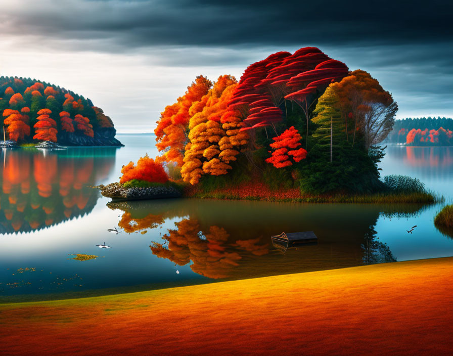 Tranquil lake with autumn foliage, bench, and flying birds