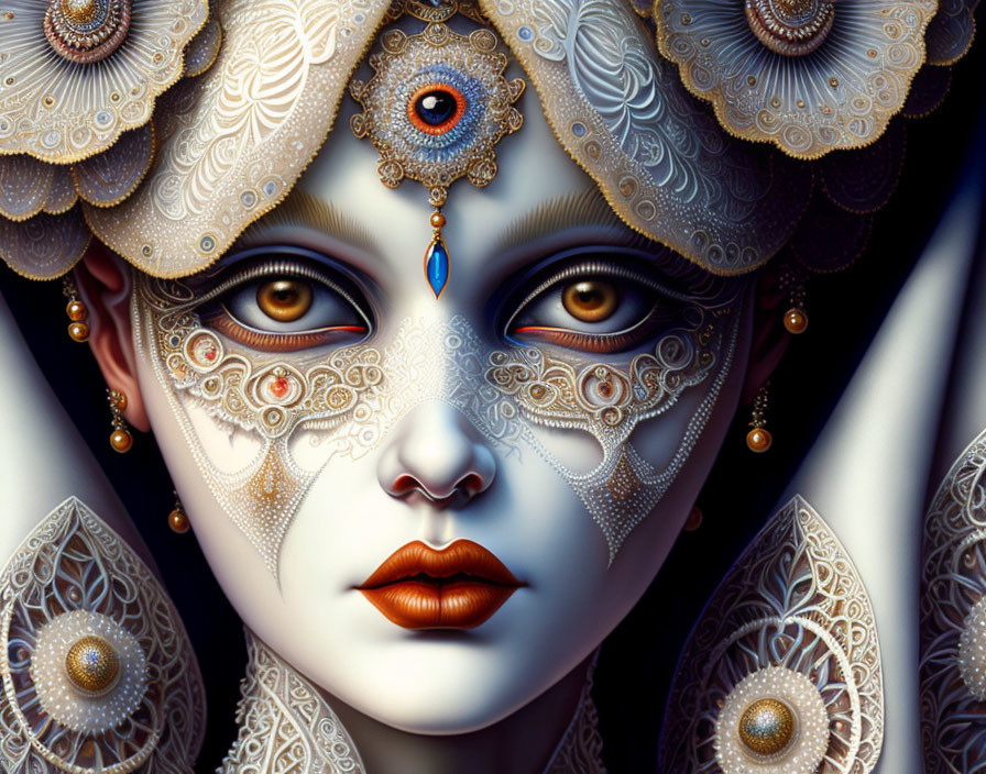 Detailed digital portrait of female figure with lace patterns, ornate headpiece, and third eye