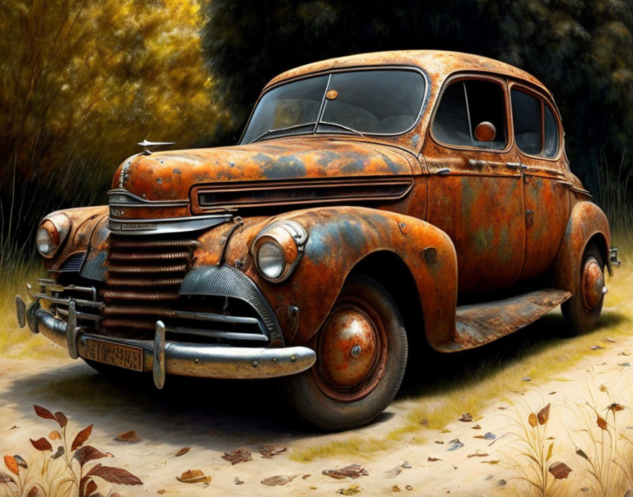 Rusty vintage car in grassy field with autumn leaves and dense foliage