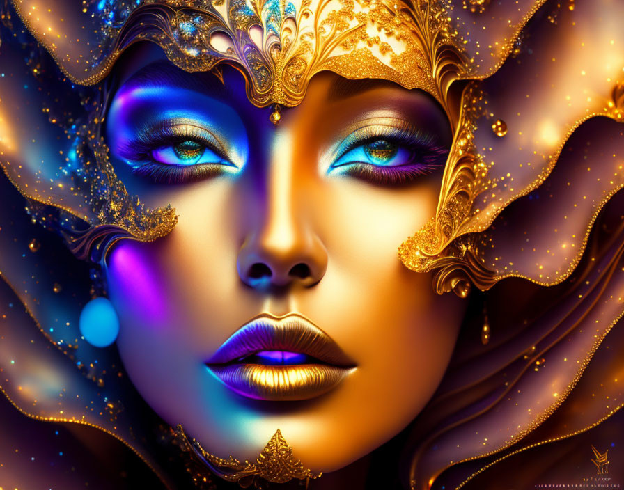 Digital portrait of a woman with golden masquerade mask and rich blue hues.