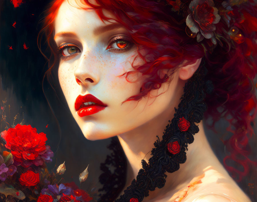 Portrait of Woman with Red Hair and Roses on Dark Floral Background