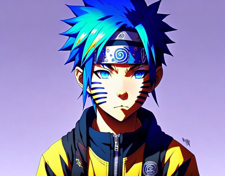 Blue Spiky Hair, Symbol Headband, Black Yellow Jacket: Animated Character Description