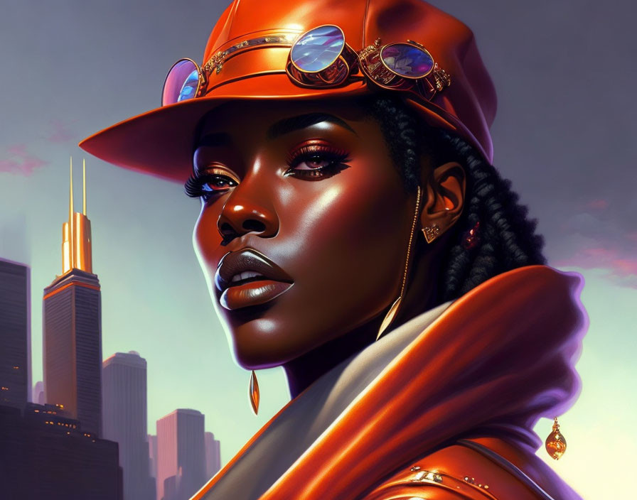 Digital artwork: Woman with shiny makeup and orange headgear, futuristic cityscape background