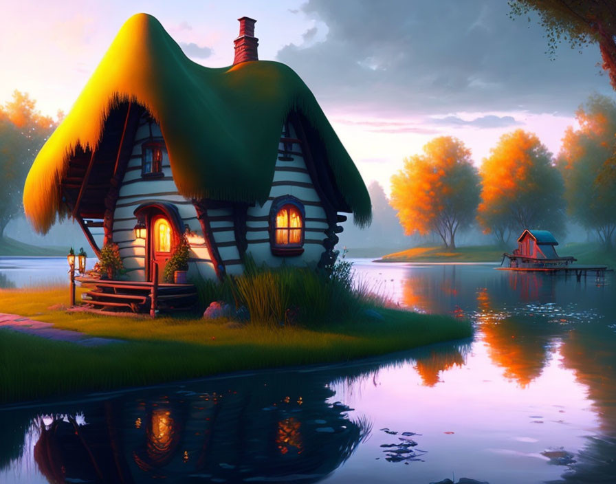 Picturesque fairy-tale cottage by serene lake at twilight