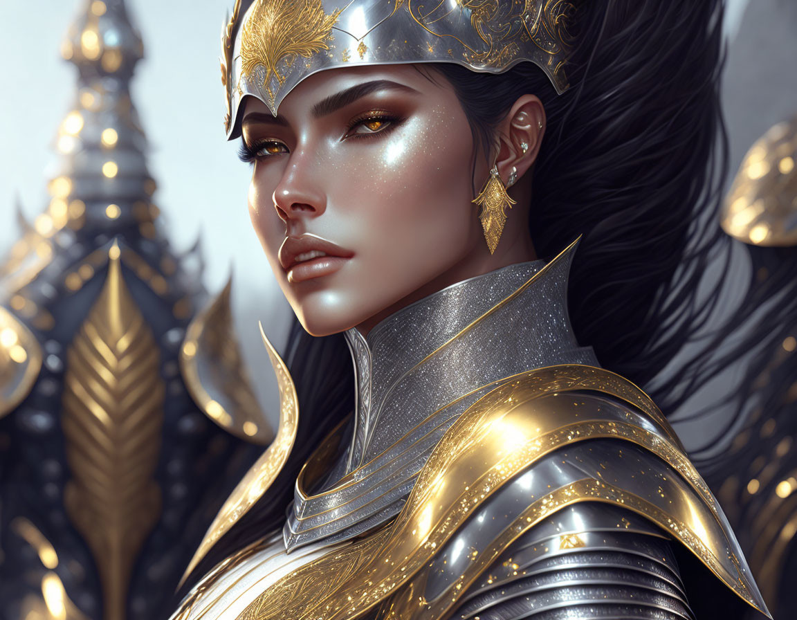 Detailed Illustration: Woman in Ornate Golden Armor with Helmet and Intricate Designs