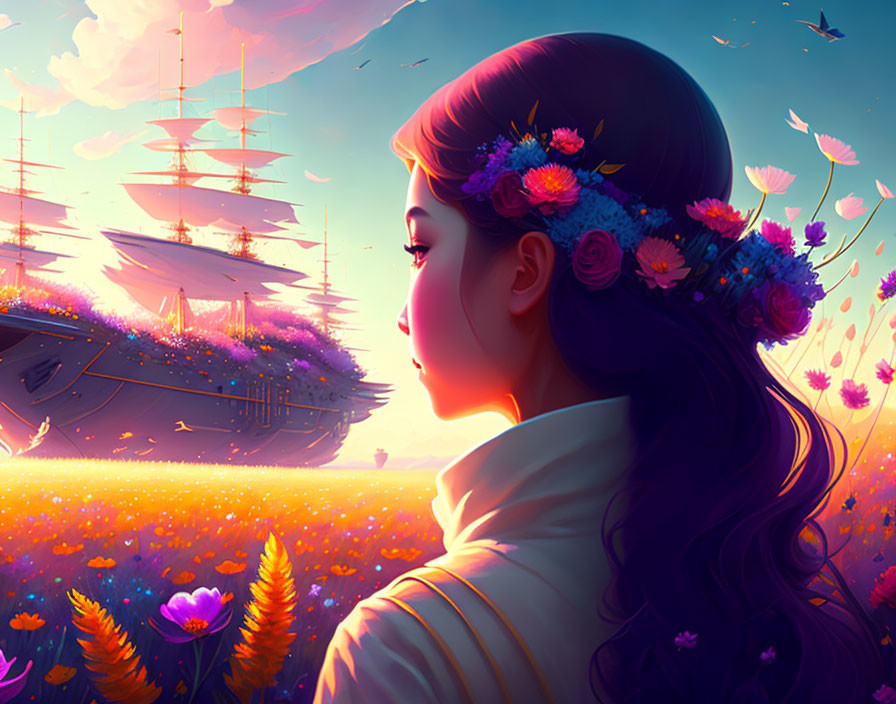 Woman with floral crown gazes at sunset with sailing ship in vibrant floral sea