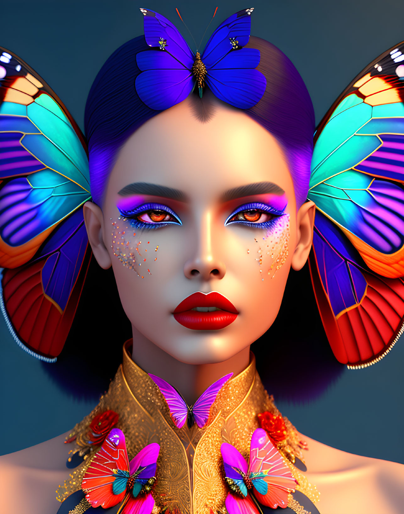 Vibrant digital art portrait of woman with purple hair and butterfly makeup.