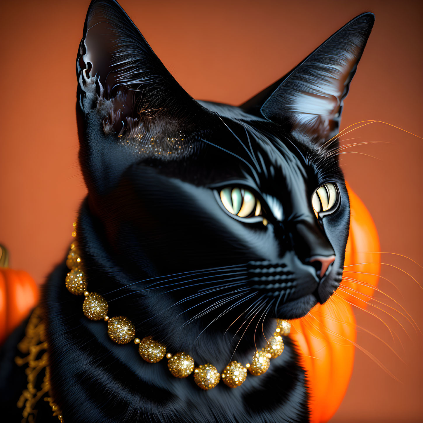 Black Cat Digital Illustration: Glistening Fur, Gold Necklace, Orange Background