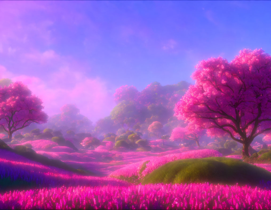 Vibrant pink and purple fantasy landscape with lush trees and flowers